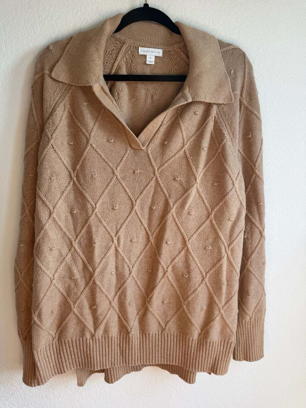 Charter Club Tan Diamond Pointelle Polo Sweater XL